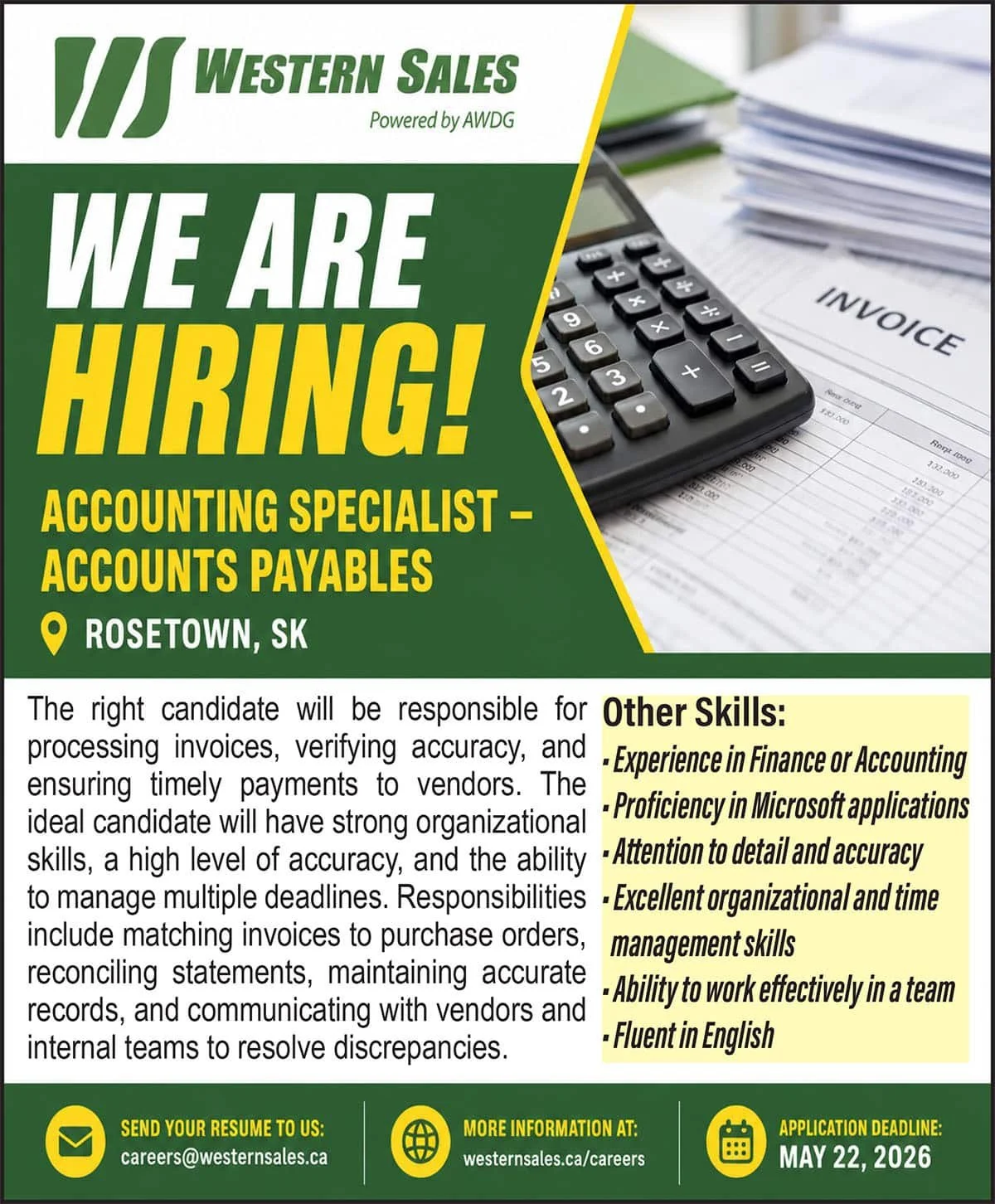Western Sales WE ARE HIRING! Accounting Specialist - Accounts Payable Rosetown, SK