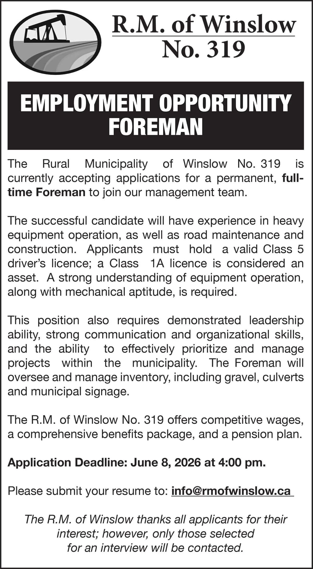 R.M. of Winslow No. 319 EMPLOYMENT OPPORTUNITY FOREMAN