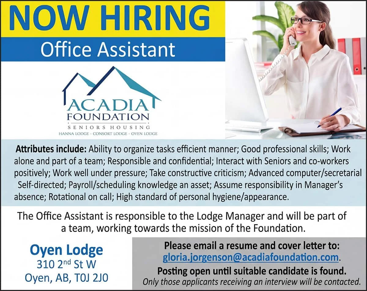 NOW HIRING Office Assistant Acadia Foundation Seniors Housing