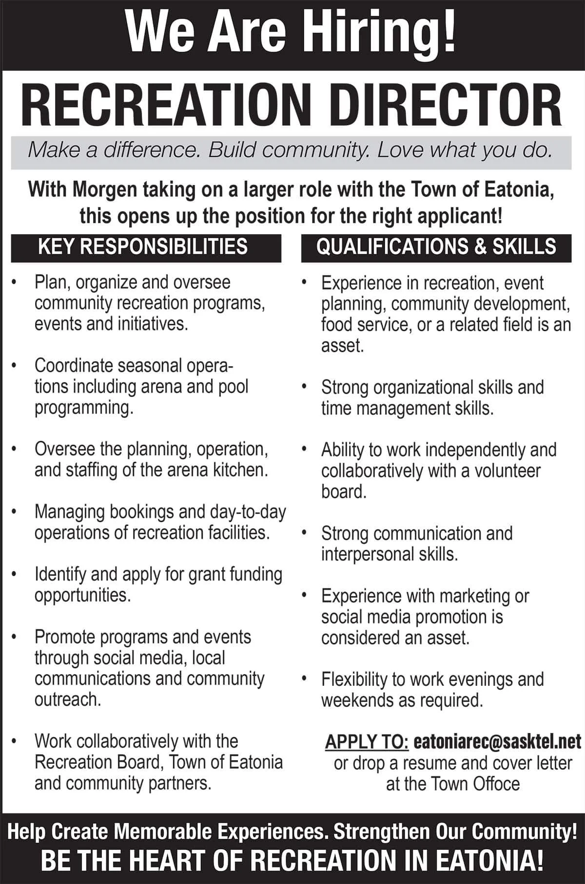 Eatonia: We Are Hiring! RECREATION DIRECTOR