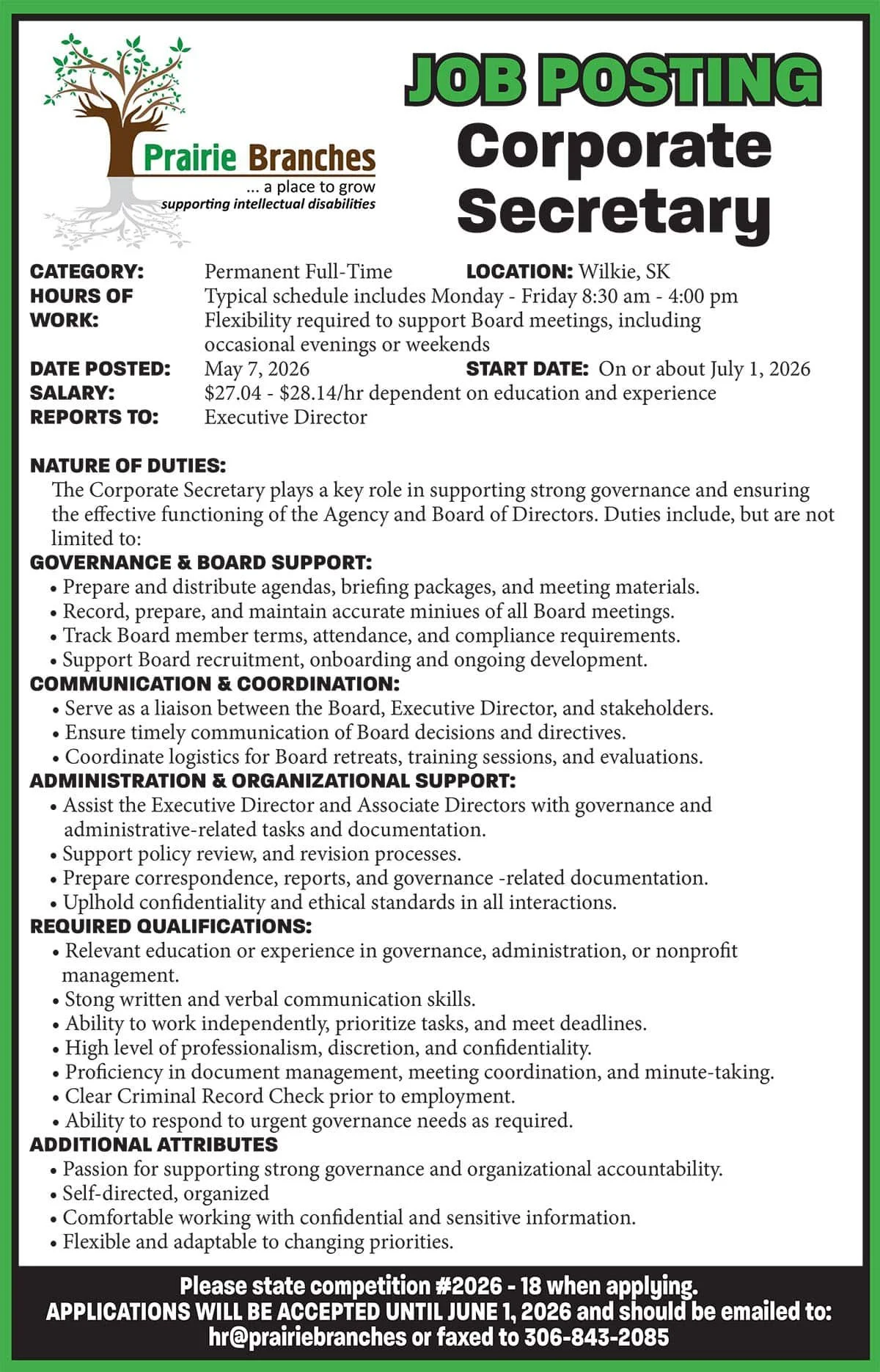 Prairie Branches JOB POSTING Corporate Secretary