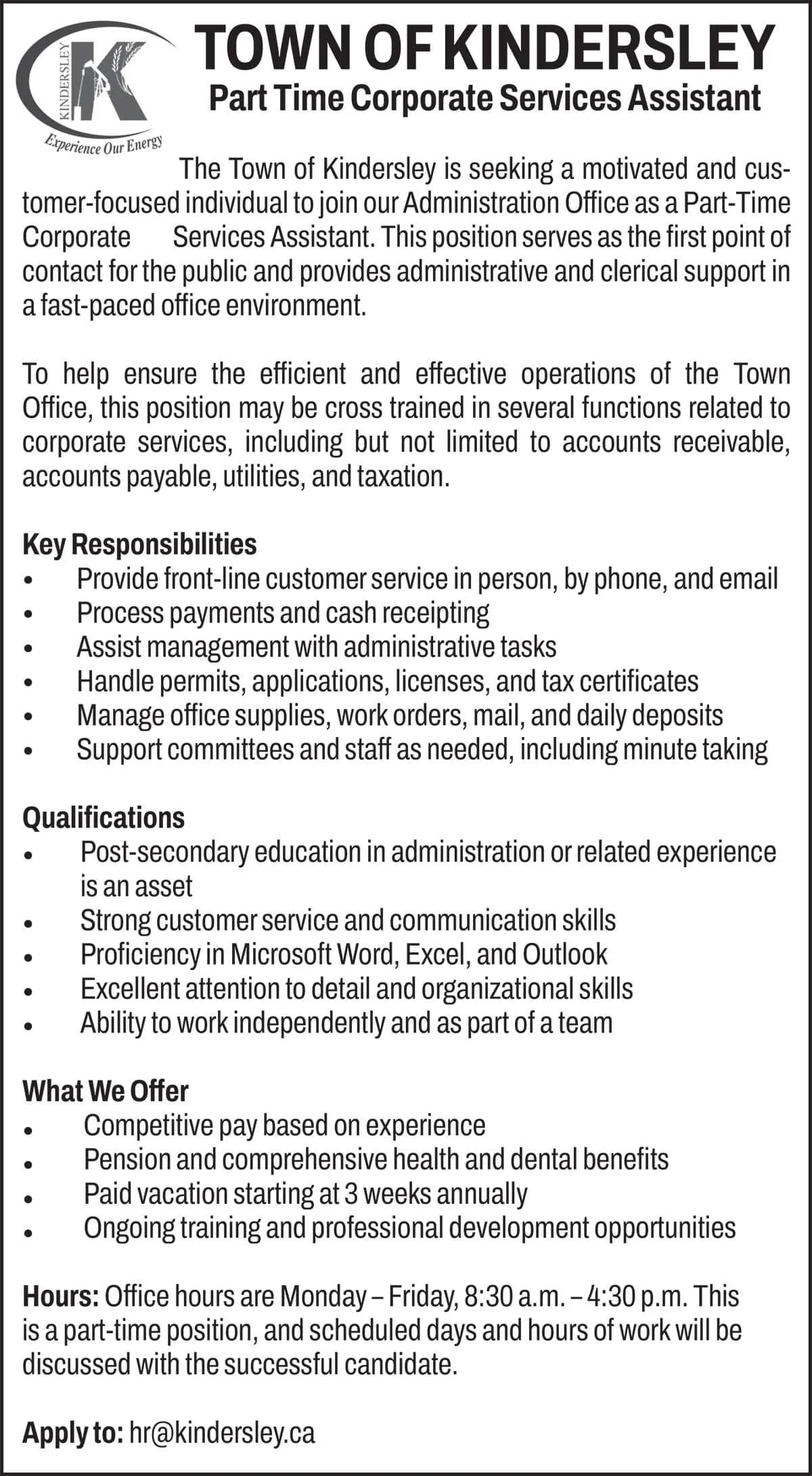 TOWN OF KINDERSLEY Part Time Corporate Services Assistant