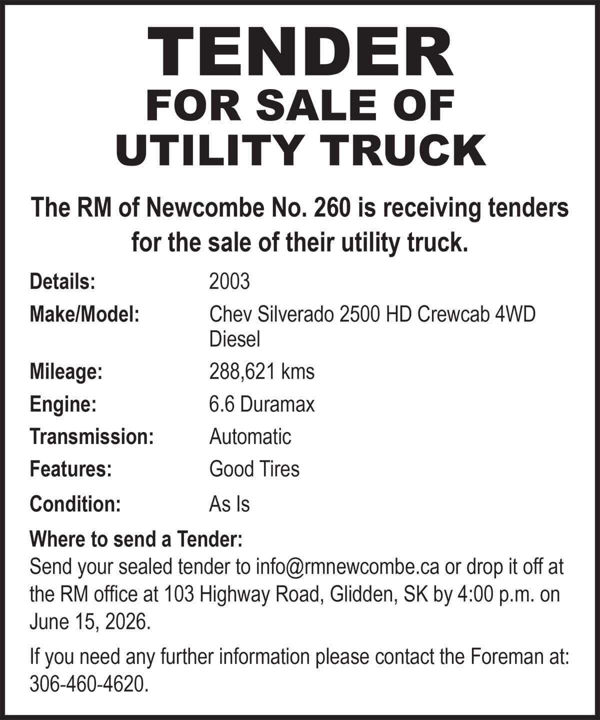 TENDER FOR SALE OF UTILITY TRUCK