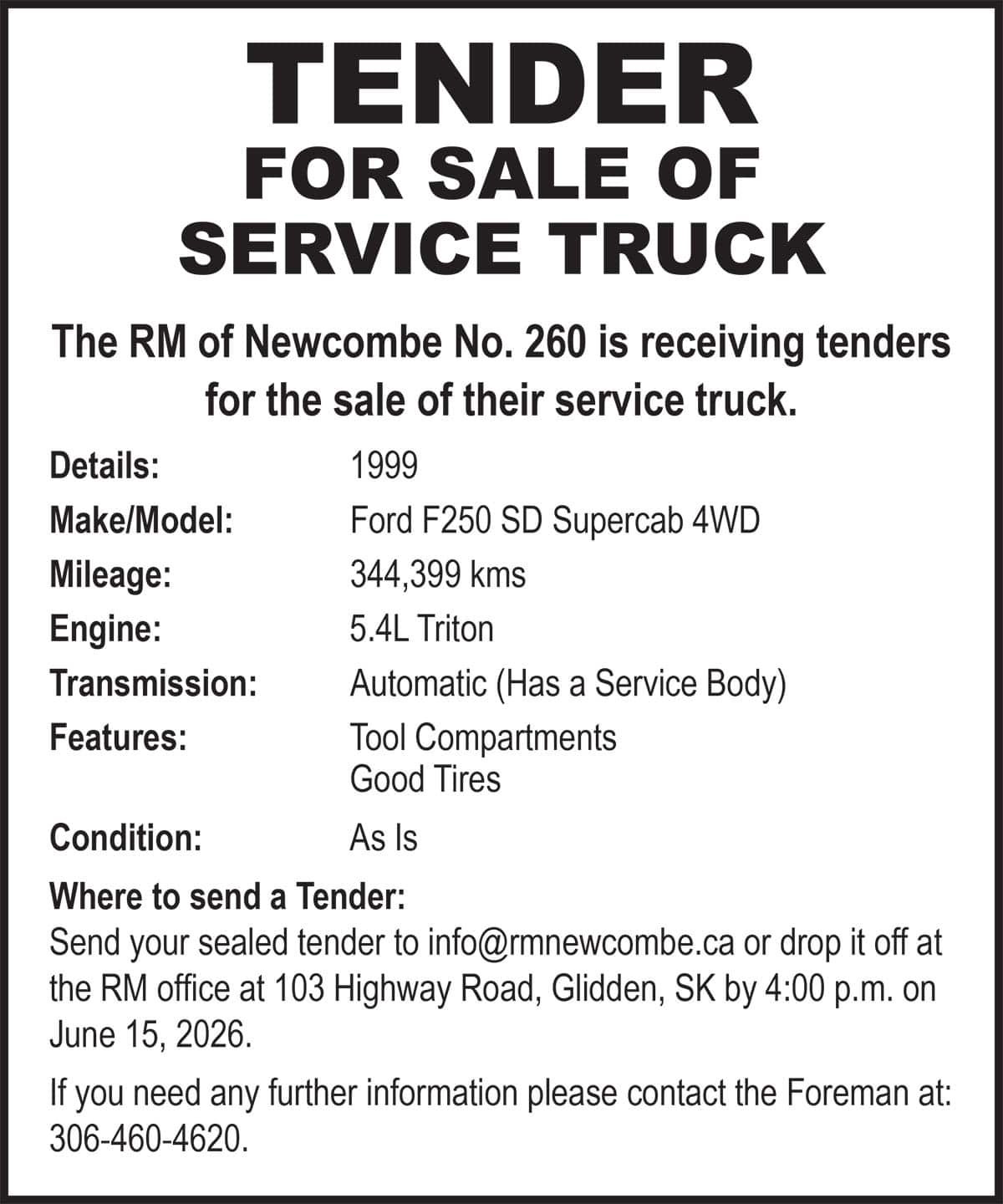 TENDER FOR SALE OF SERVICE TRUCK