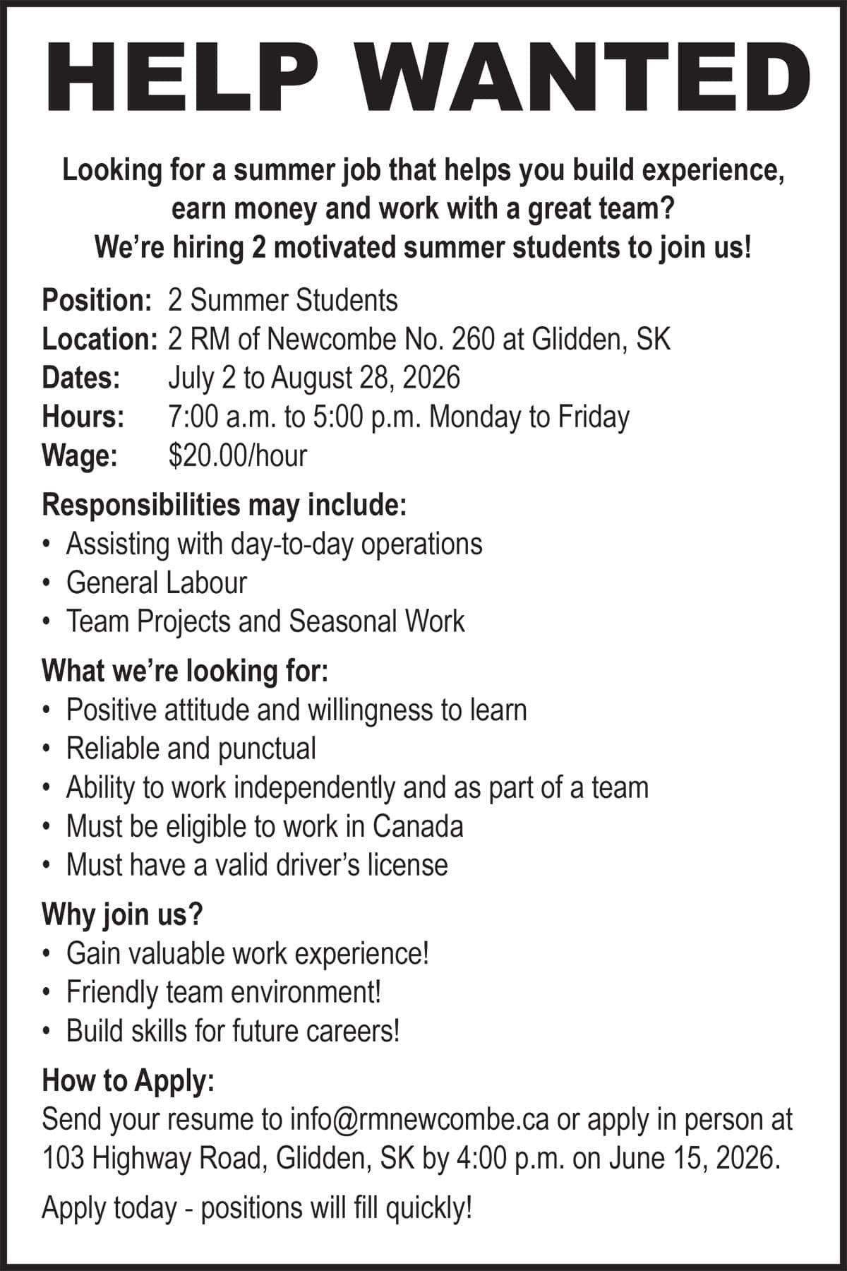 HELP WANTED RM of Newcombe 2 Summer Students