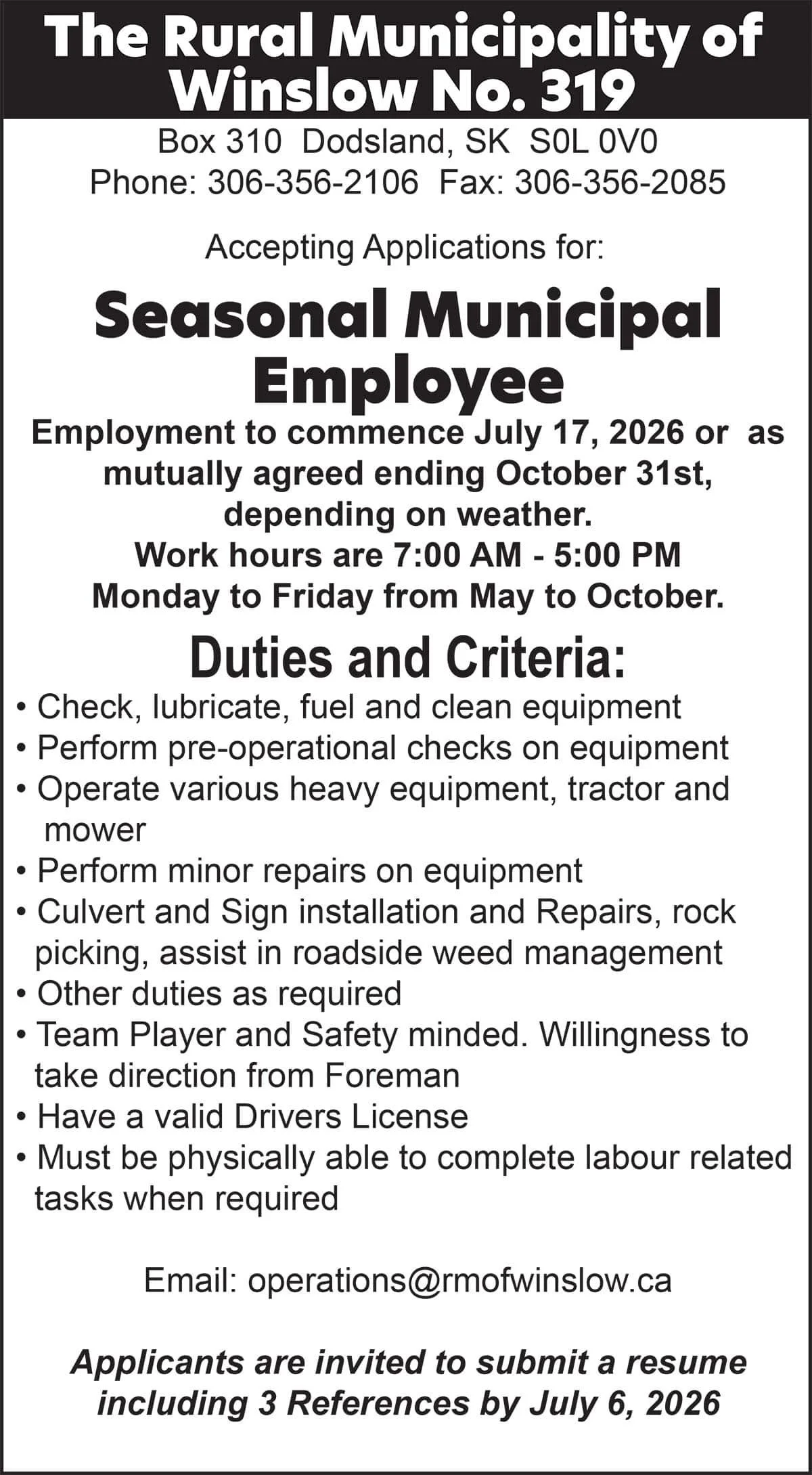 The Rural Municipality of Winslow No. 319 Seasonal Municipal Employee