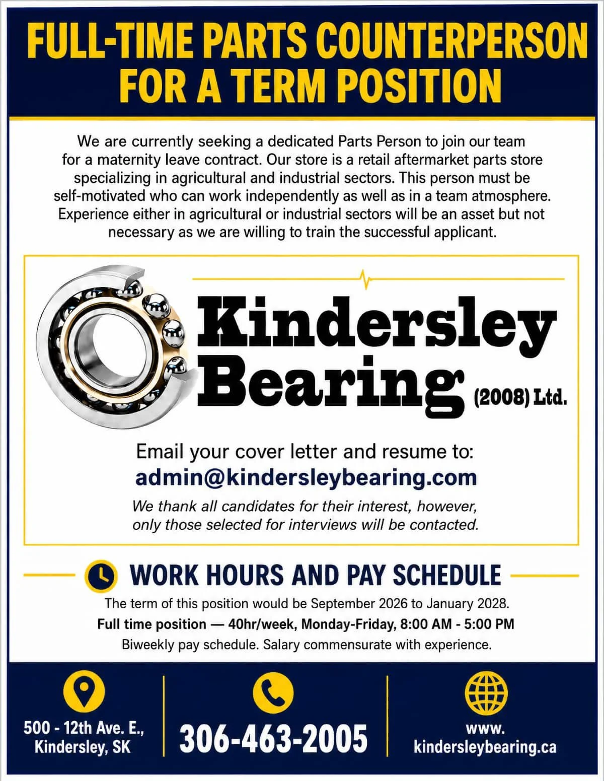 Kindersley Bearing: FULL-TIME PARTS COUNTERPERSON FOR A TERM POSITION