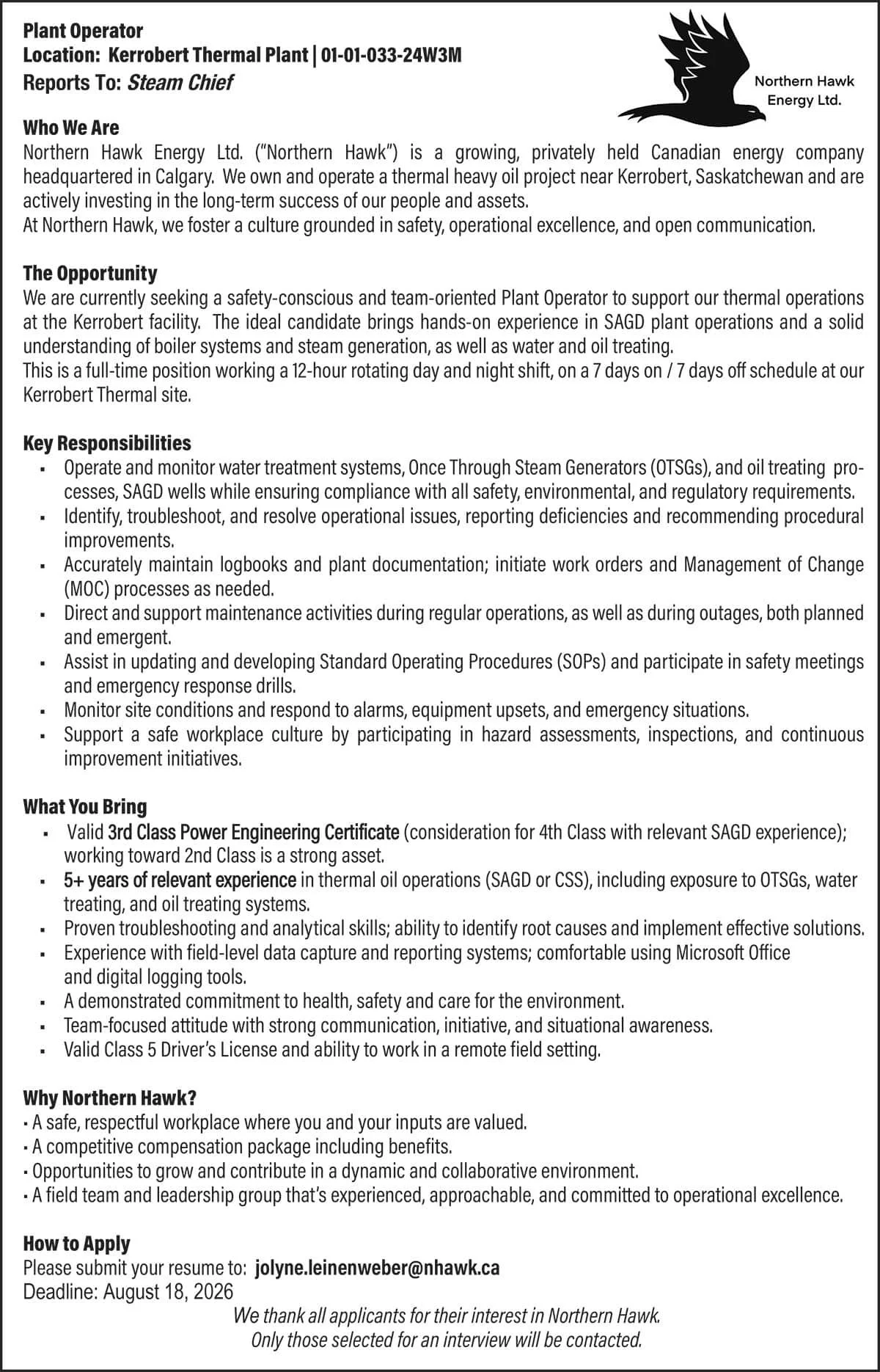Northern Hawk Energy Ltd. Plant Operator