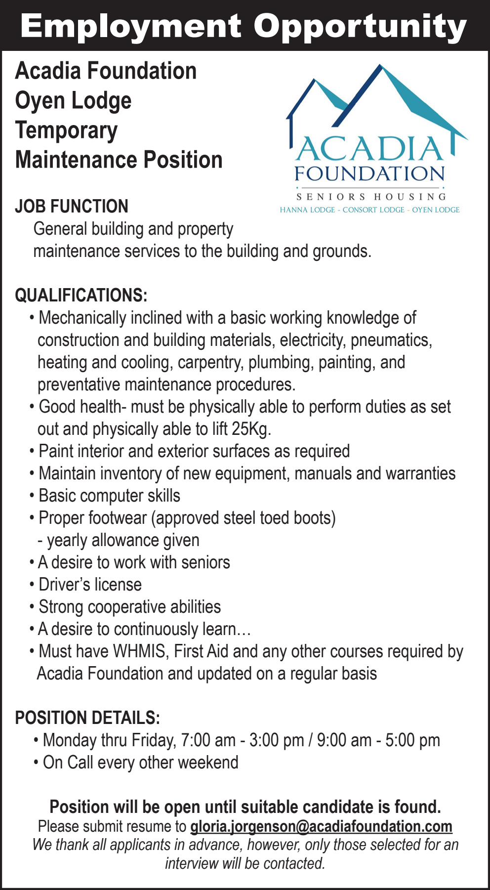 Acadia Foundation - Temporary Maintenance Position