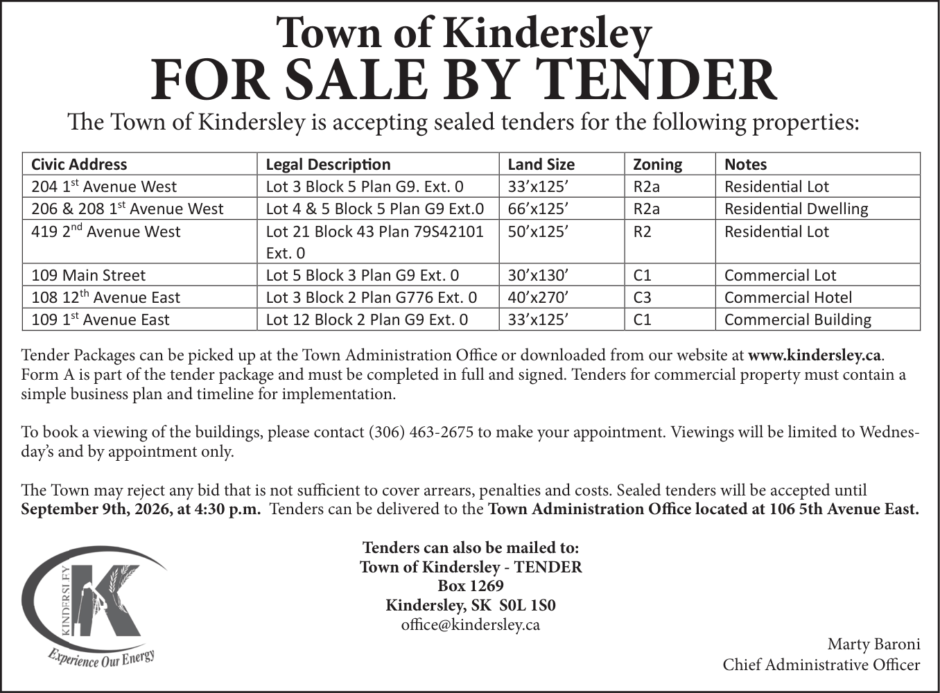 For Sale by Tender - Town of Kindersley