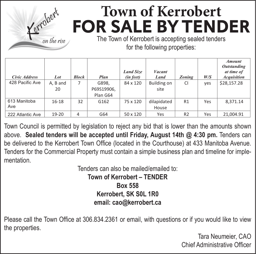 For Sale by Tender - Town of Kerrrobert