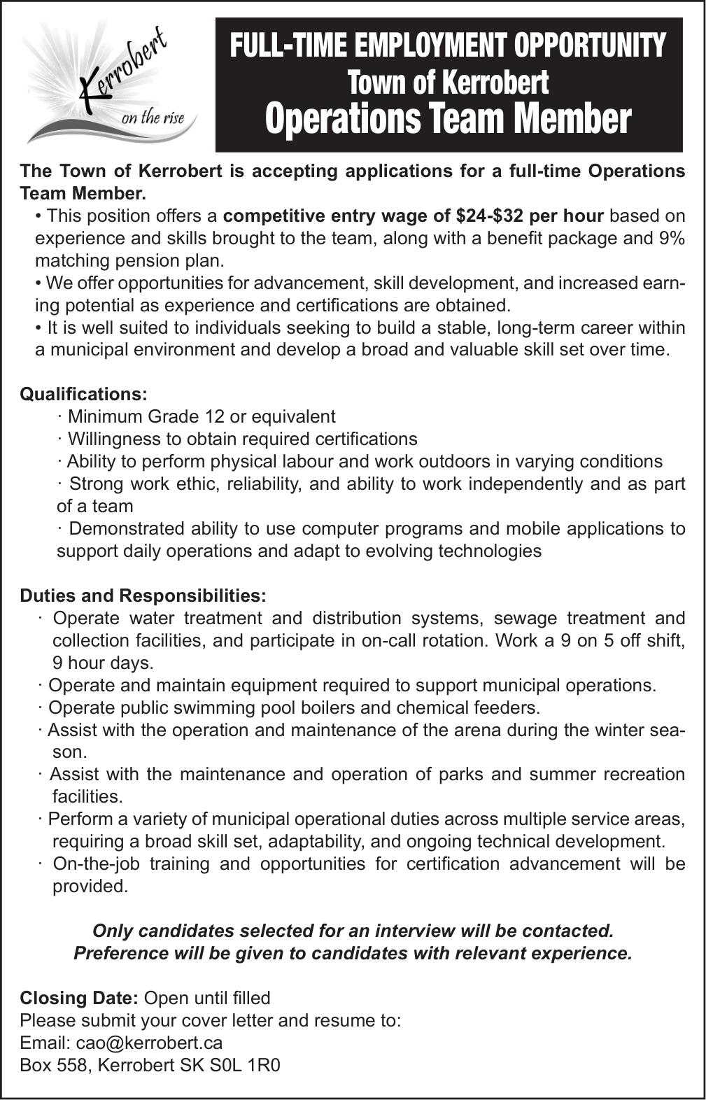 Operations Team Member - Town of Kerrobert