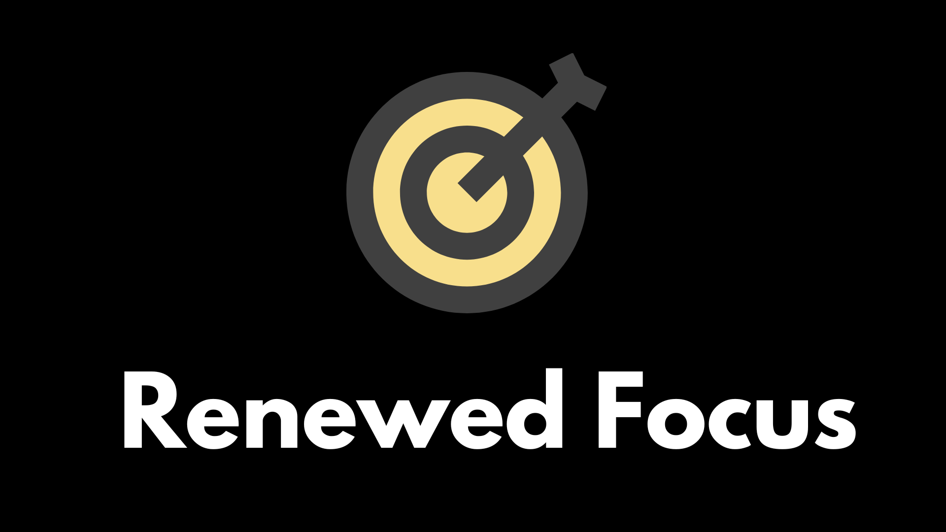 Icon of a target with an arrow and the text "Renewed Focus" on a black background.