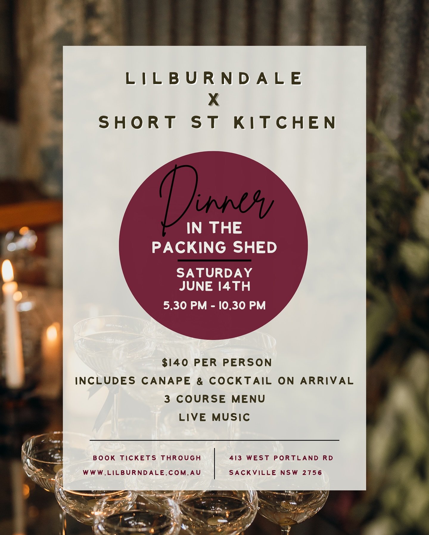 DINNER IN THE PACKING SHED 🍷✨
If you&rsquo;ve missed our previous dinners (or just want to relive the magic), here&rsquo;s your chance!

Get ready for another unforgettable evening:
an elegant 3-course set menu by Short St Kitchen, live tunes, and t