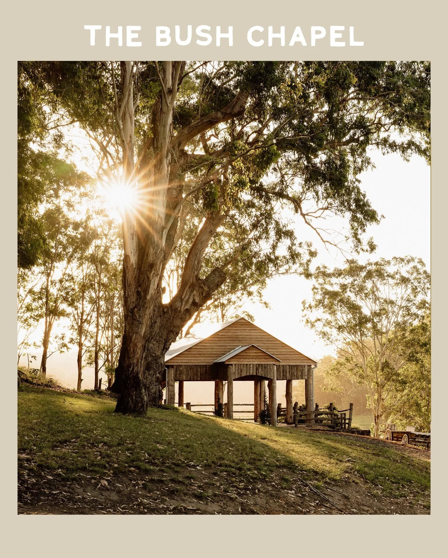 THE BUSH CHAPEL

Our second ceremony space + the perfect wet-weather backup. Once the location of the historic cattle yards it has now been transformed into something magical. With views down The Valley and stunning sunsets- it&rsquo;s one of a kind.
