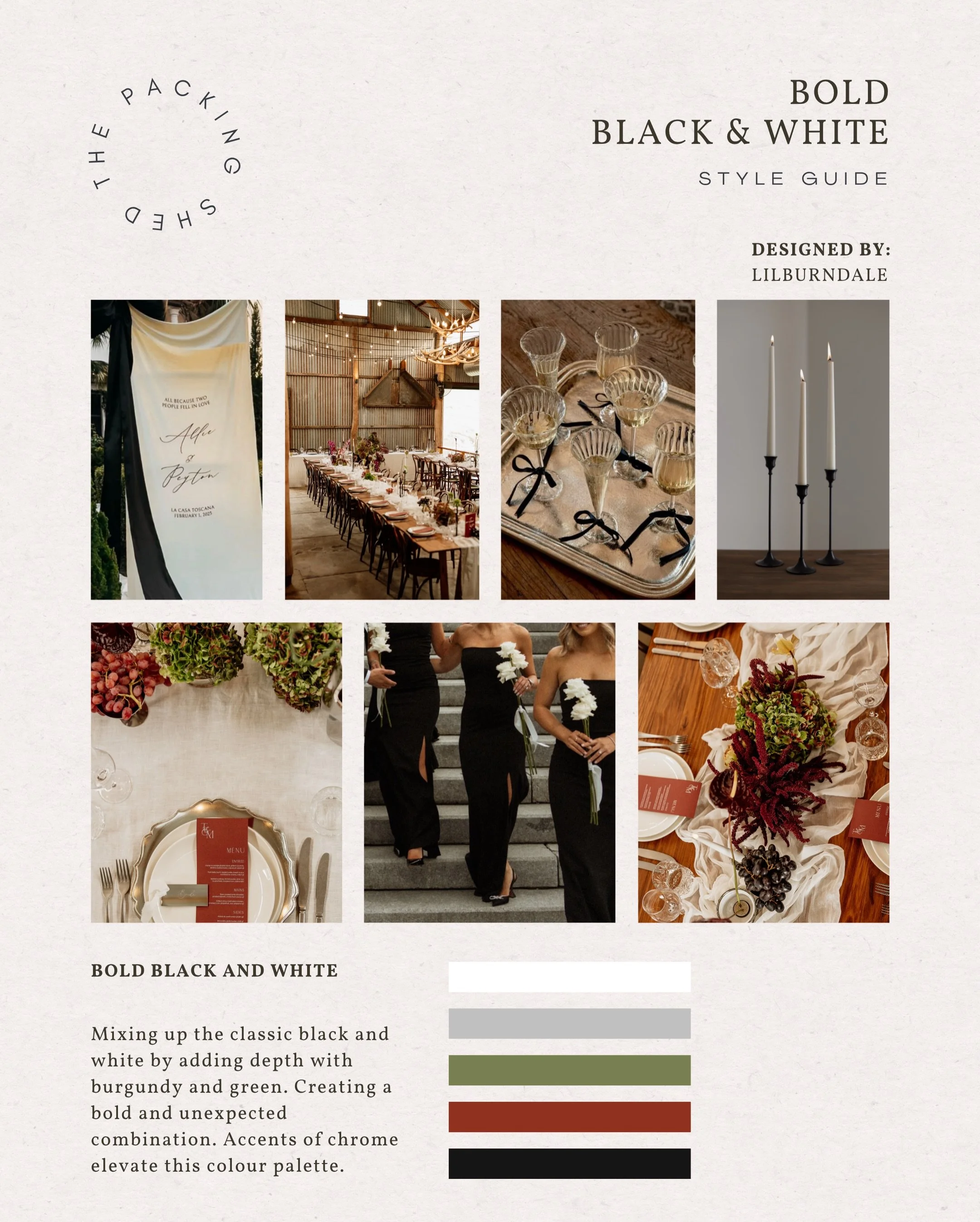 The &ldquo;Bold Black &amp; White&rdquo; styling package, shown here with accents of burgundy and green for that autumn/winter vibe, these colours can be substituted for any other bold colour choice and it will still make a stunning statement. 
Flowe
