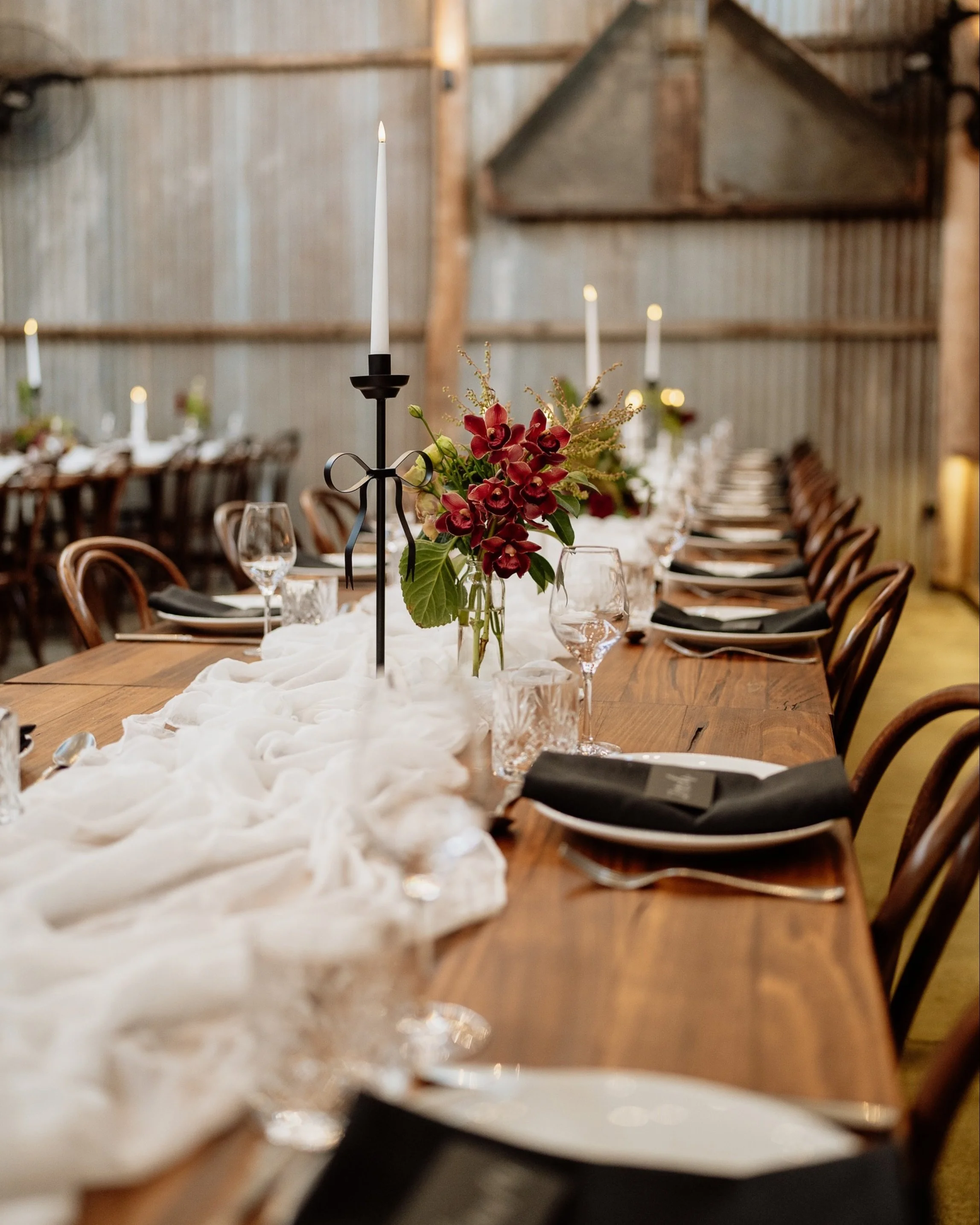 A recent corporate dinner at Lilburndale, using our Bold Black &amp; White styling package. The colours went perfectly with the companies logo, and the florals had that warm and deep winter feel to them. 
Styling packages are a great option for weddi