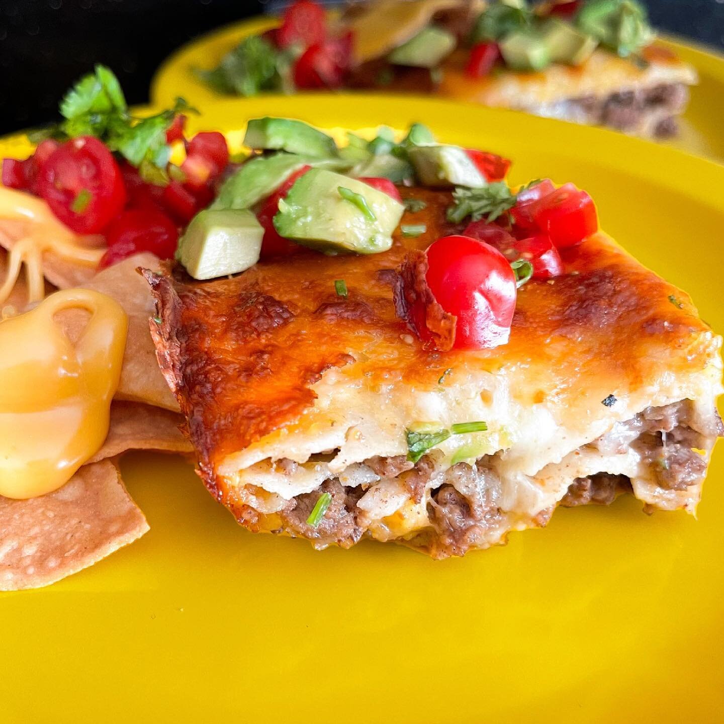 Taco lasagna / Taco enchiladas 
Whatever you want to call it, these were amazing!!! 
I love doing a combo of ground pork and ground beef to get the meats juicy and flavorful.
Seasoned ground meat with diced onions, minced garlic, ground cumin, salt, 
