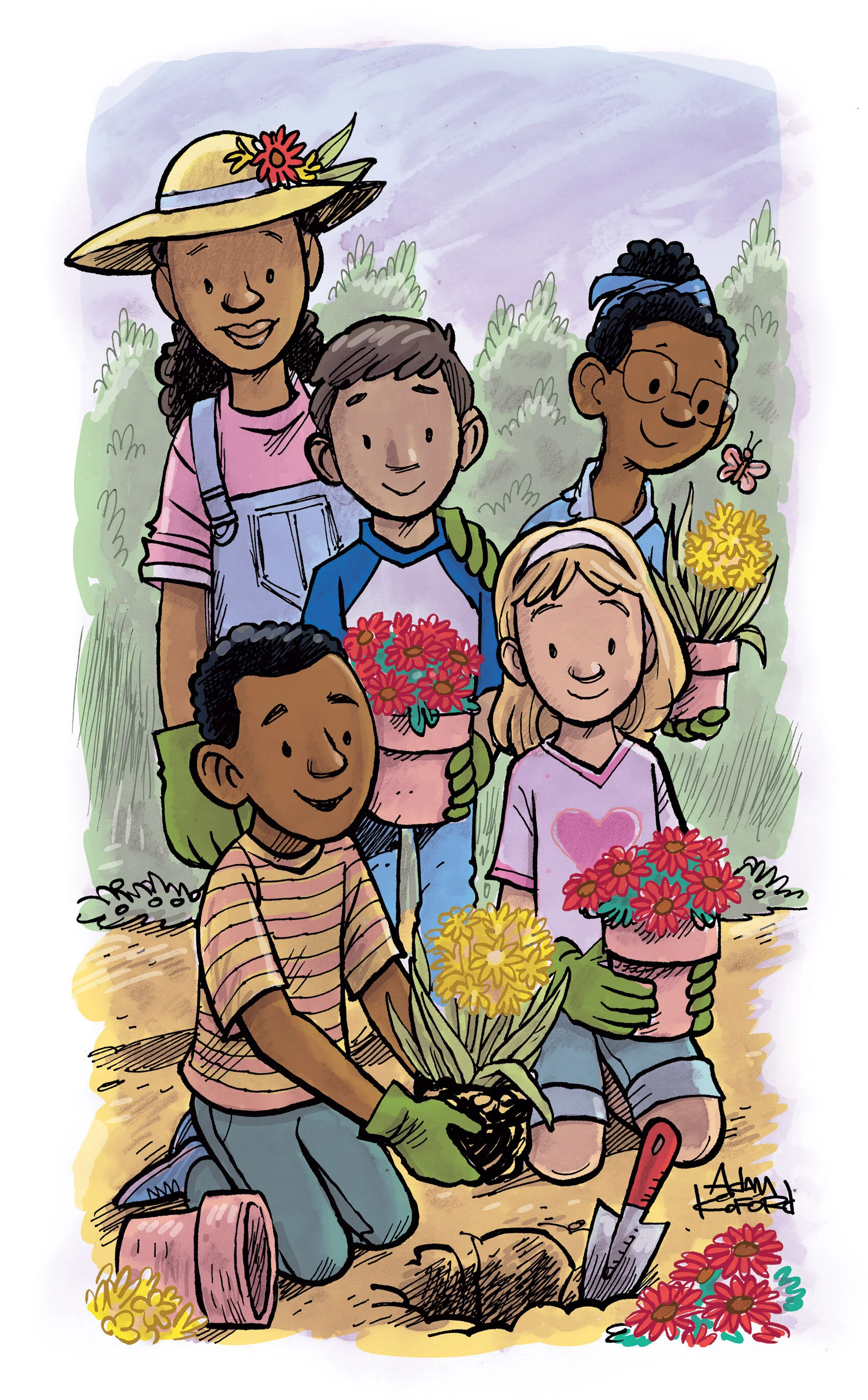 Gardening children, magazine illustration