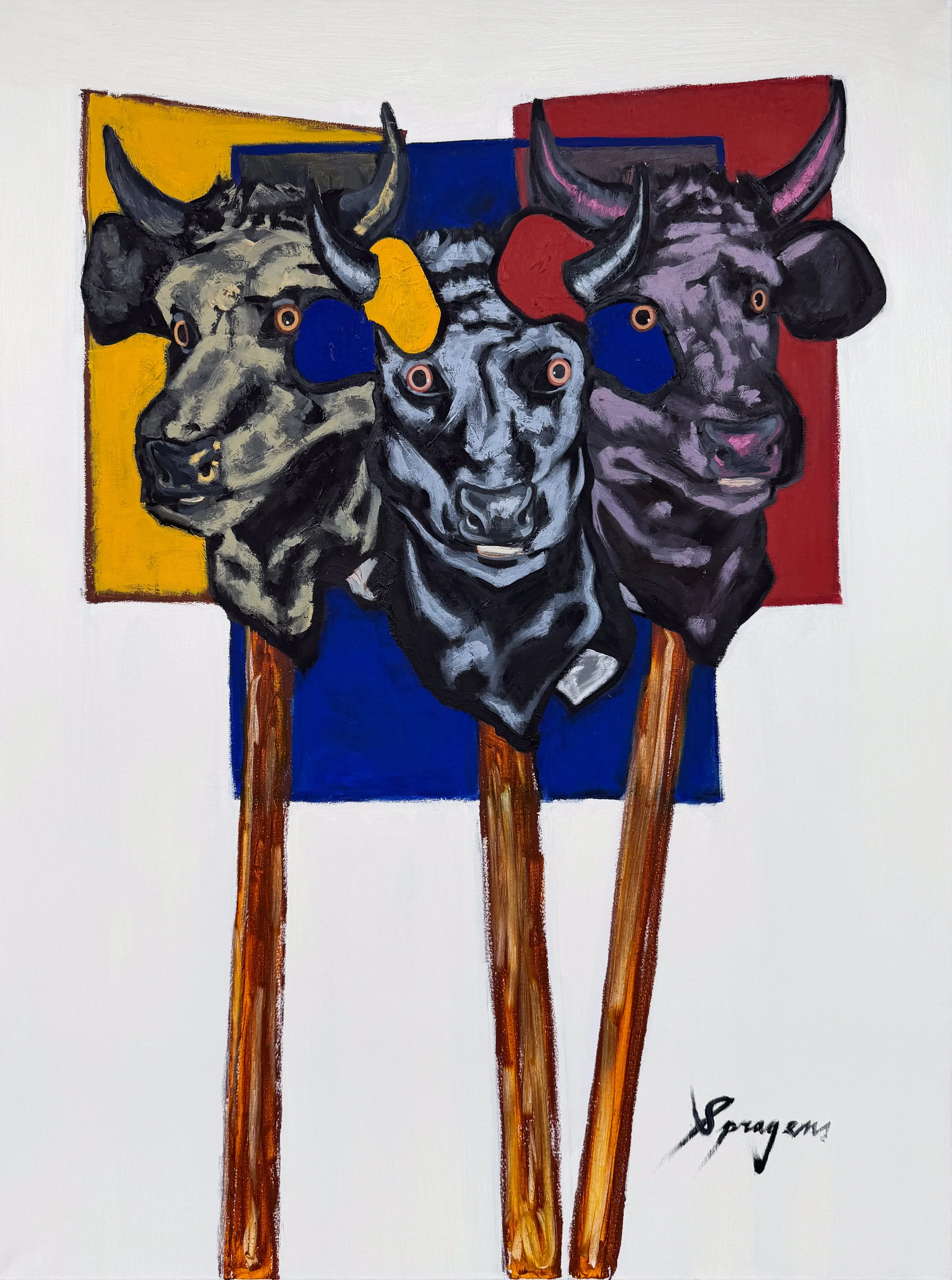 Three Bulls, 2026. Oil and oil stick on canvas. 36x48"