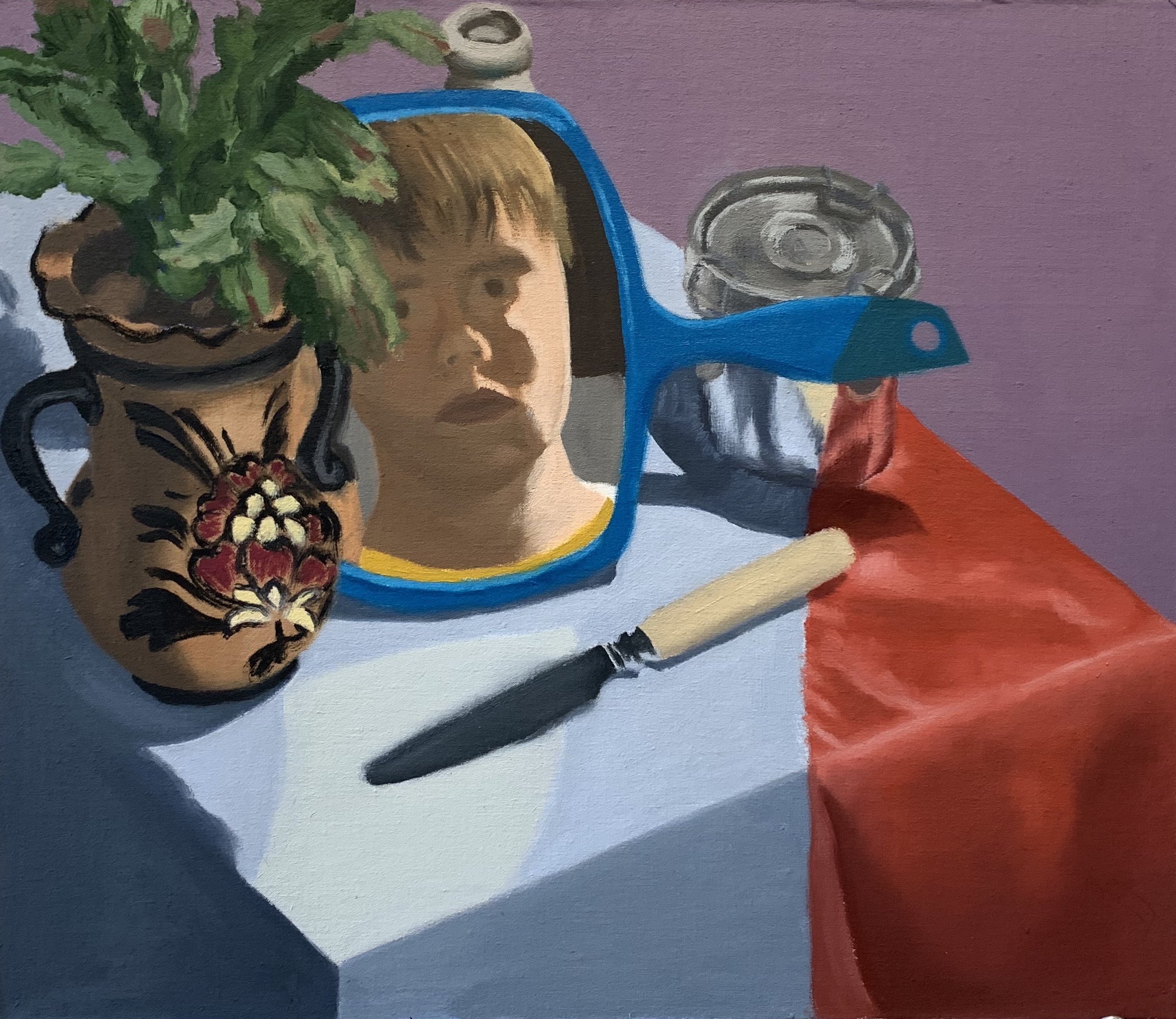Self-Portrait With Xmas Cactus, 2019. Oil on muslin-lined panel.