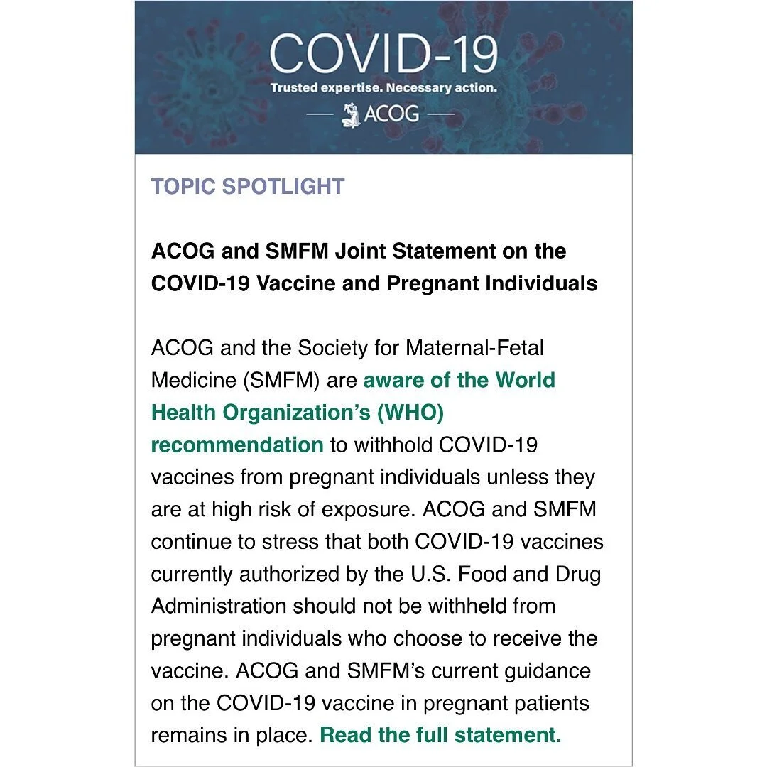 ACOG and SMFM Joint Statement on the COVID-19 Vaccine and Pregnant Individuals

#WomeninMedicine
#Vaccinate
#Maskup
#Socialdistancing
#Womenshealth
#SelfCare
#Anti_Racist
#MaternalFetalMedicine
#Perinatology
#ObGyn 
#PrenatalCare
#MFM
#UltraSound
#Pr