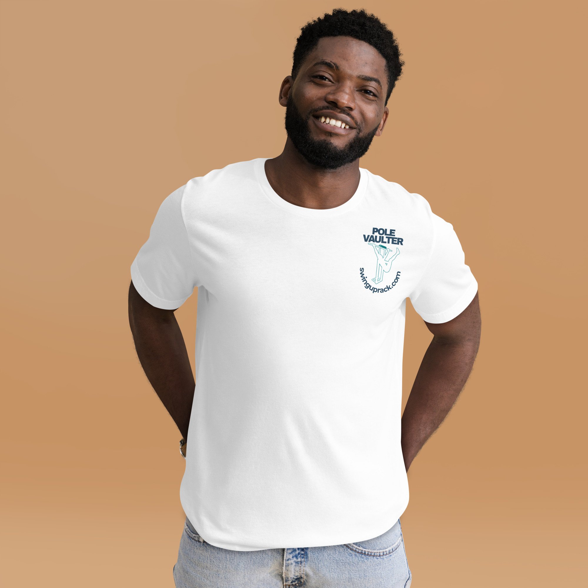 Mountain Vaulter pole vault t-shirt, front white design on male.jpg