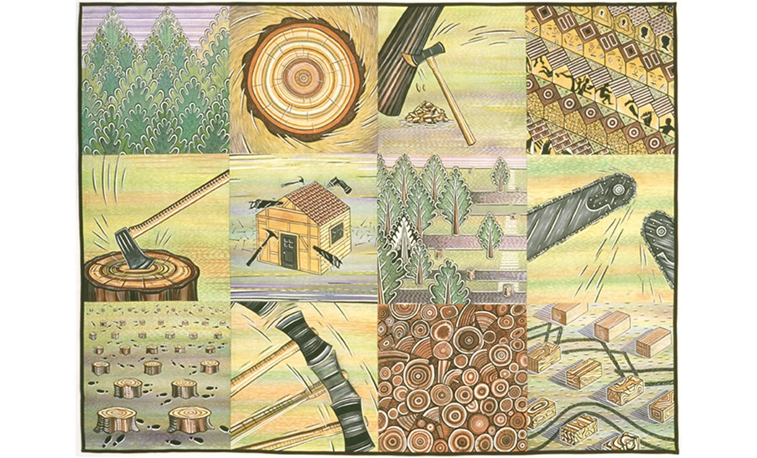 Trees, Lumber, Houses, People