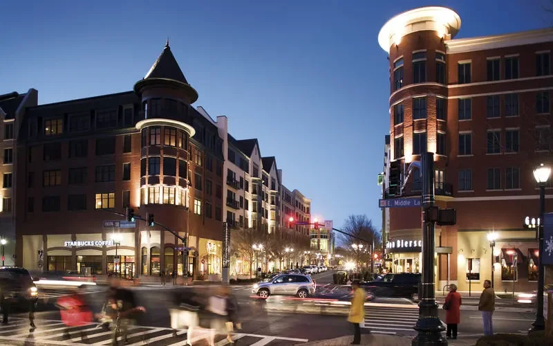 Downtown Rockville, MD at dusk, part of Rooted Fitness Collective's mobile training service area