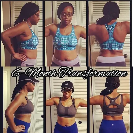 Six month body composition and posture transformation progress photos of a client.