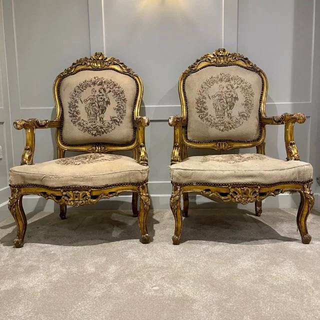 A Fine Pair of Louis XV Giltwood Fauteuils By Louis Delanois | Le Trianon Antiques