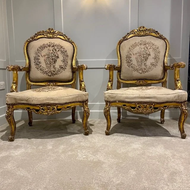 Pair of Louis XV Style French Tapestry Gilt wood fauteuil Chairs