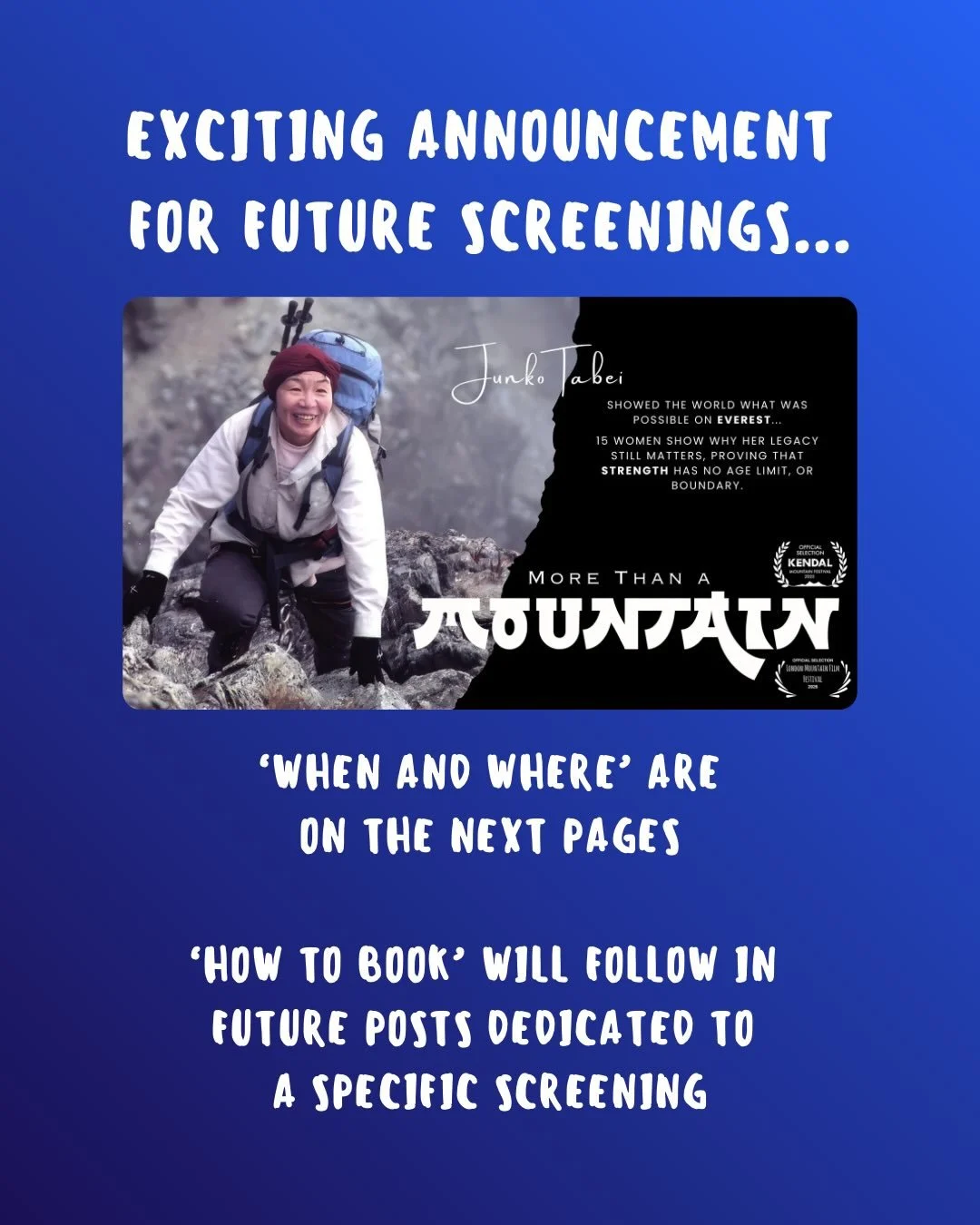 We are very excited to share that @morethanamountain has a fab schedule of events coming up between now and May, and more to come after that.

All updates and booking links will be on the @morethanamountain page so please do follow our film page and 