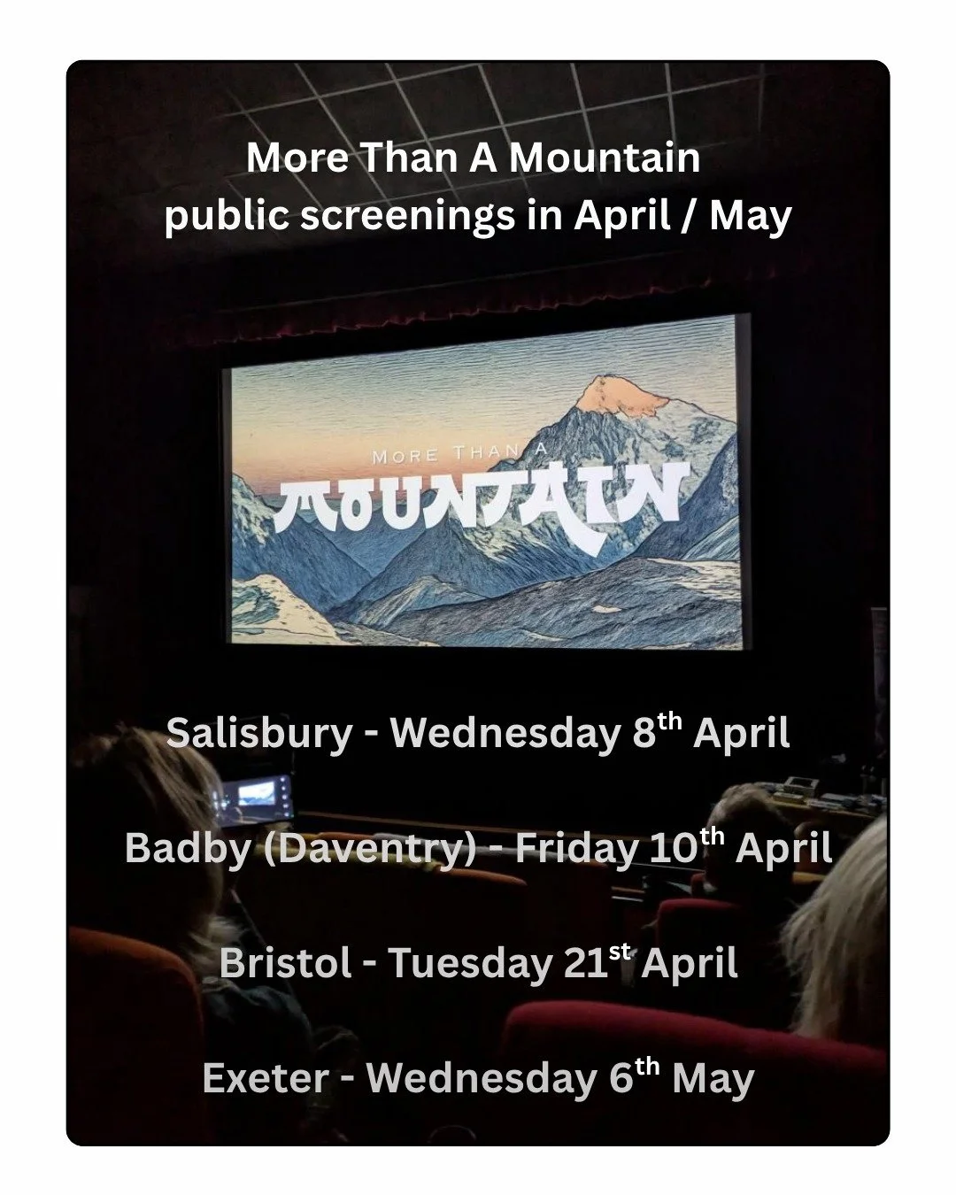 More Than A Mountain film screenings over the next couple of months...

I am really looking forward to a good run of 4 film screenings in April and May, including Everest chats for 3 of them of varying lengths, so if you are in situ, free and fancy a