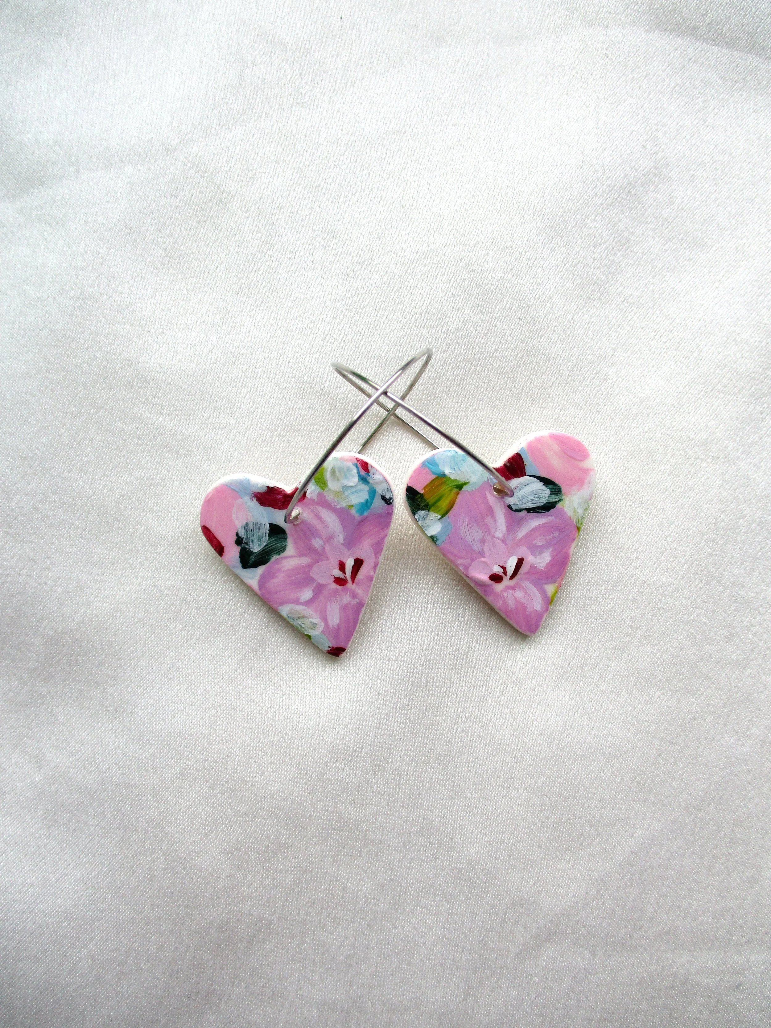 Pink Florals - Heart Hoops