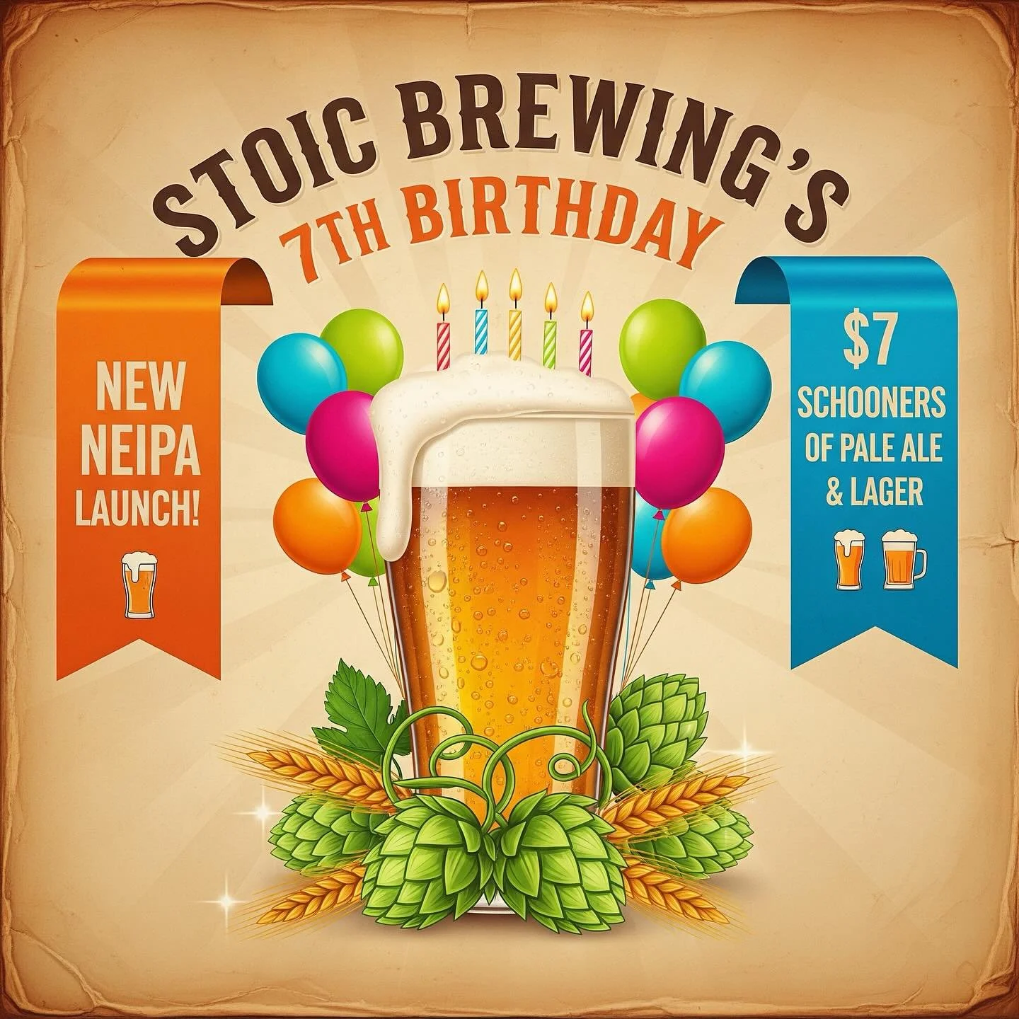 Seven years strong! 🎉 Join us this Saturday as we celebrate Stoic Brewing&rsquo;s 7th birthday!
To mark the occasion, we&rsquo;re pouring $7 schooners of our classic Pale Ale and crisp Lager all day long. But that&rsquo;s not all...
We&rsquo;re also