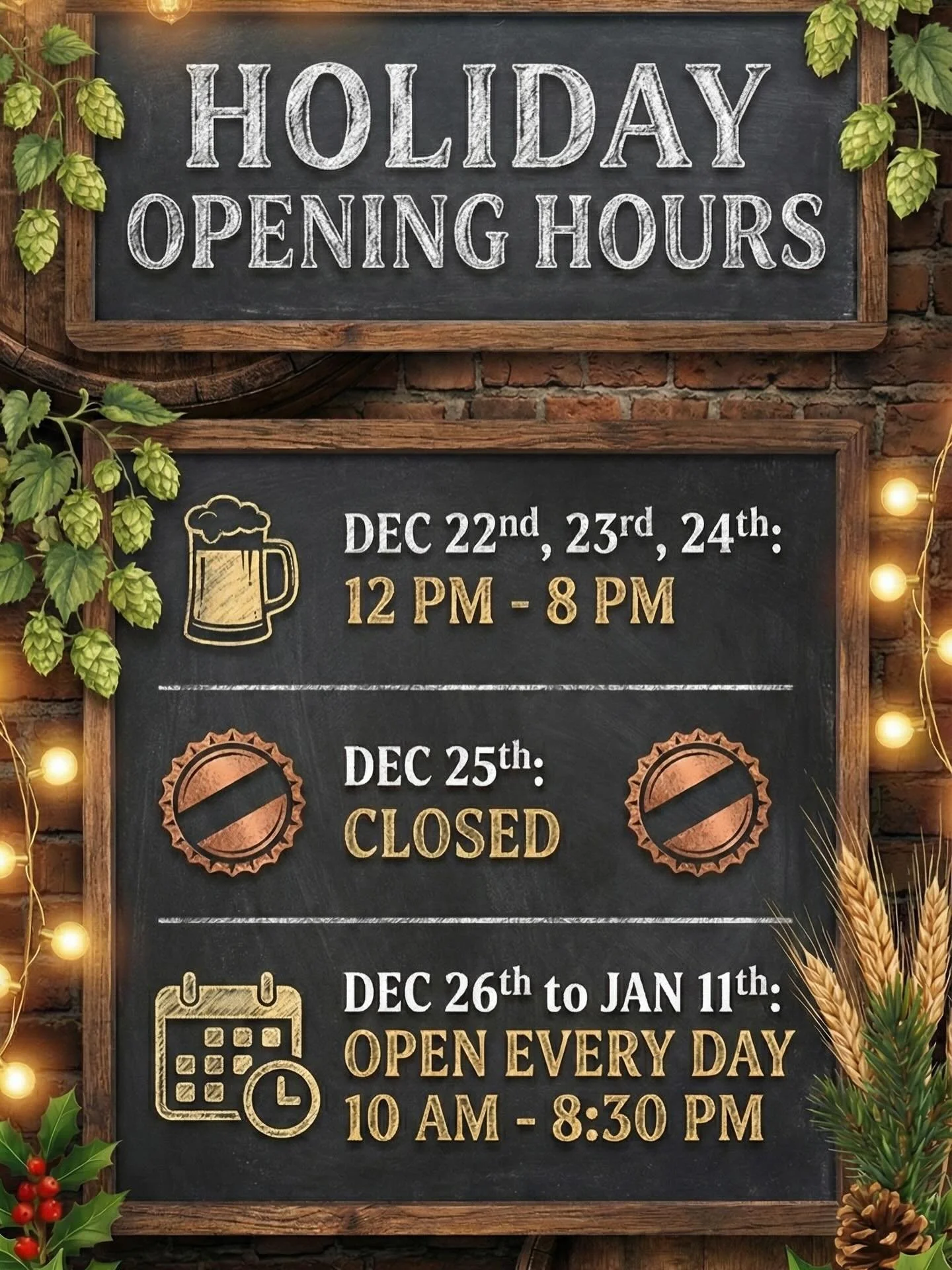 🍻 Holiday Hours Update &amp; Pop-Up Alert! 🚨🎄
Planning your holiday visits? We&rsquo;ve got our festive opening and kitchen hours locked in so you don&rsquo;t miss out on the cheer&mdash;and we&rsquo;ve got a treat for when the kitchen takes a bre