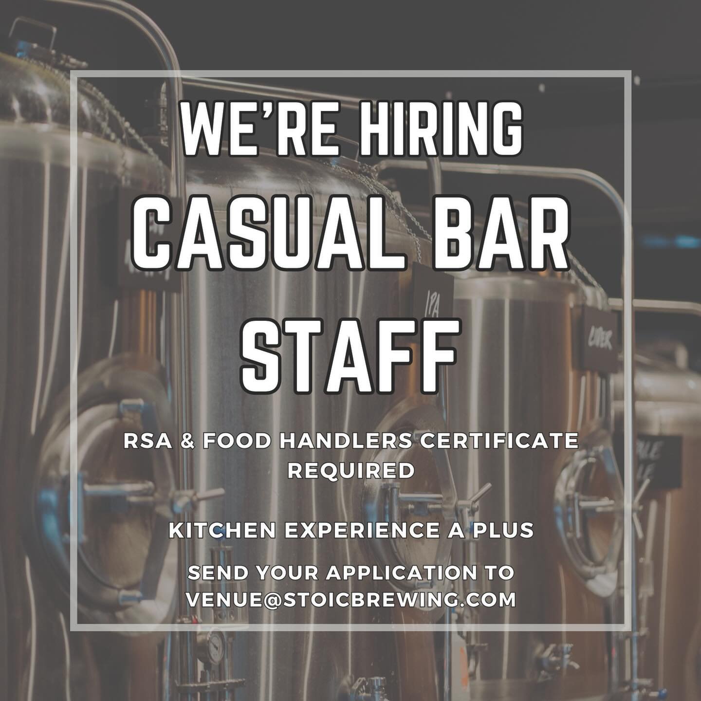 Ready to join the crew? We&rsquo;re on the hunt for casual team members to help us shake things up at the brewery! RSA and Food Handler Basics are essential, and having a current drivers licence and kitchen experience is a definite plus. Flick your r