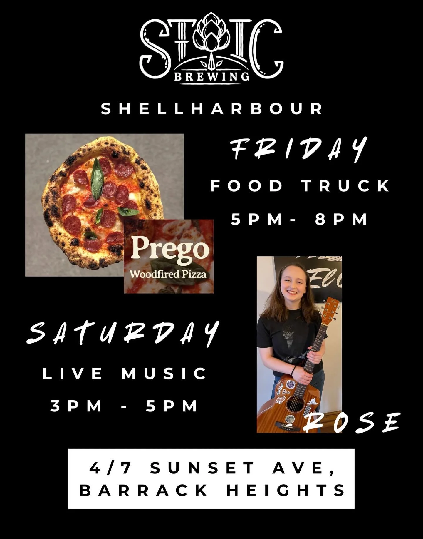 Shellharbour folks! If live music, woodfired pizza and cold beers are up your alley you&rsquo;ve come to the right place&hellip;

Friday 5pm - 8pm @prego_woodfired_pizza 🍕 

Saturday OPEN 12pm - 8pm 
Live music w/ Rose 3pm - 5pm 🌹 

Sunday pouring 