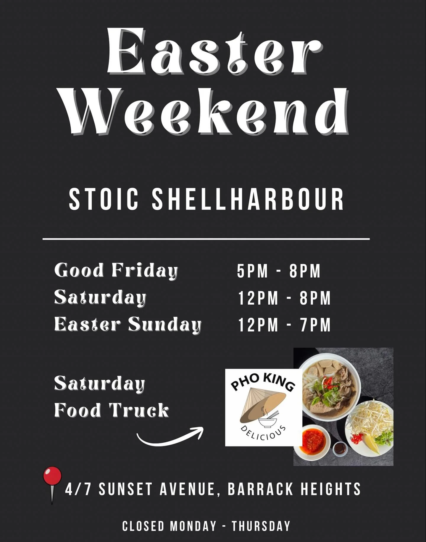 🐰 Easter Long Weekend sorted! 🍻
We&rsquo;ve got your weekend plans covered across both taprooms. Swipe to see the details or save this post!
📍 STOIC GERRINGONG
Bar Hours:
&bull; Wed: 12PM - 7PM
&bull; Thu - Sat: 12PM - 8PM
&bull; Easter Sun: 12PM 