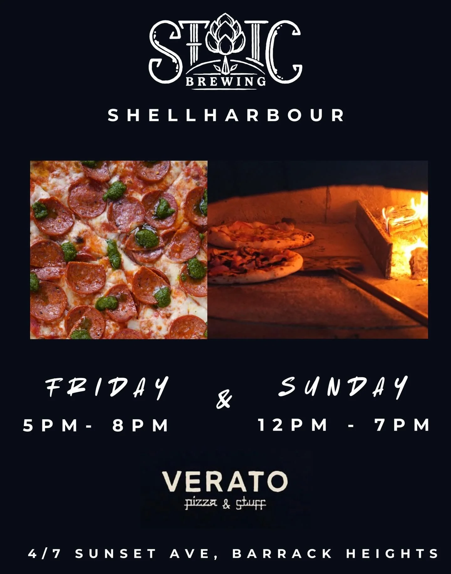 Plans for the week? Sorted. 🍻 We&rsquo;ve got epic food, cold drinks, and killer deals across both taprooms. Here&rsquo;s what&rsquo;s on the menu:
📍 STOIC SHELLHARBOUR (4/7 Sunset Ave, Barrack Heights)
&bull; Friday: Wood-fired pizzas from VERATO 