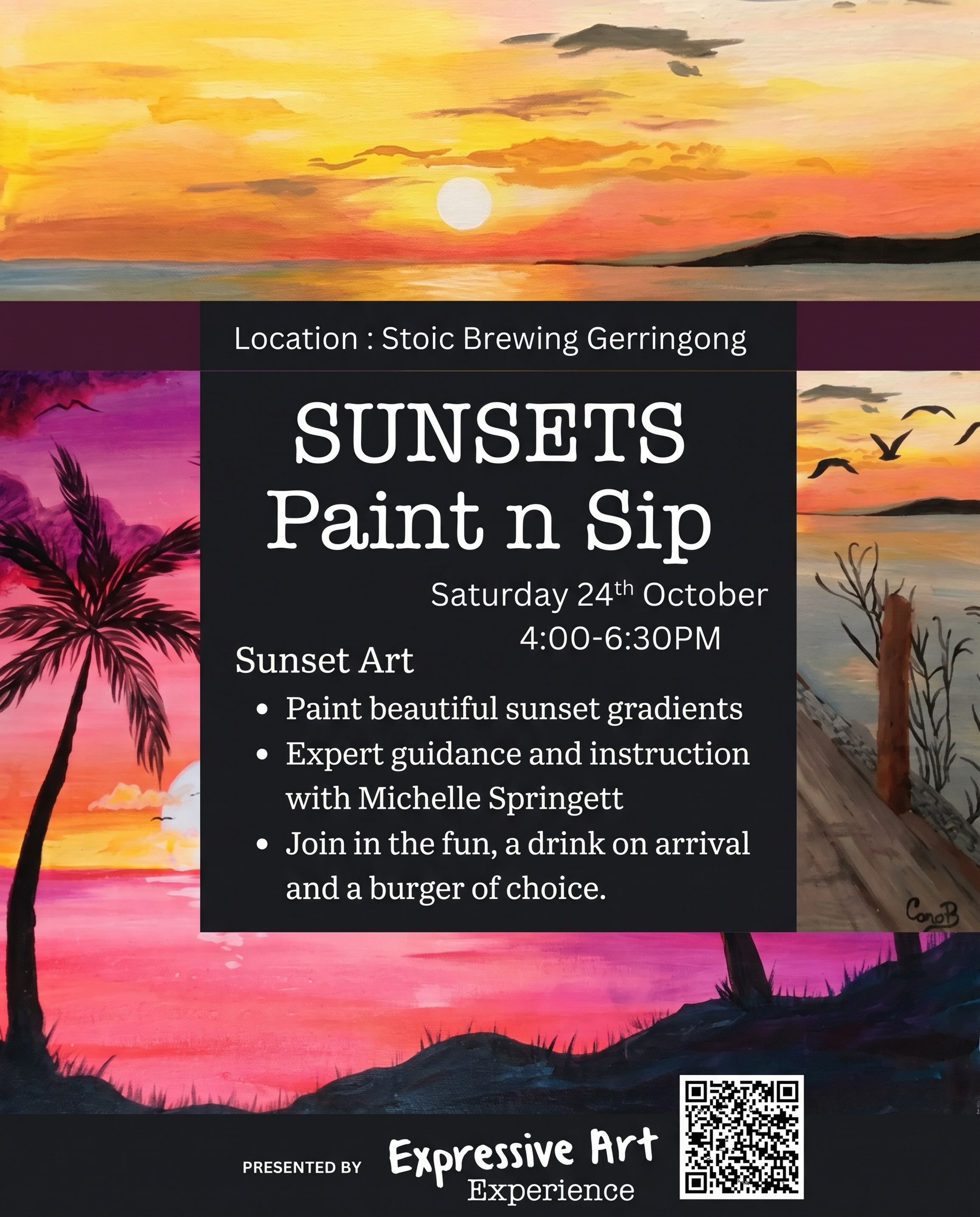 Expressive art experience is back with sunset paintings on Saturday the 24th of October, book through our website or @expressiveartexperience website.