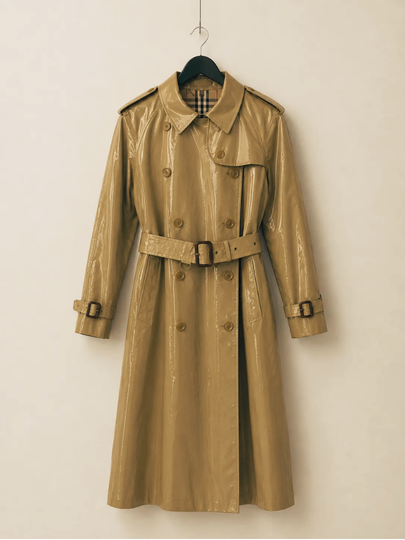 Beige trench coat hanging on a black hanger against a white wall.