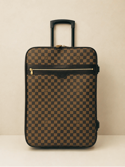 A checkered brown and black rolling suitcase with a retractable handle and a front zipper pocket.