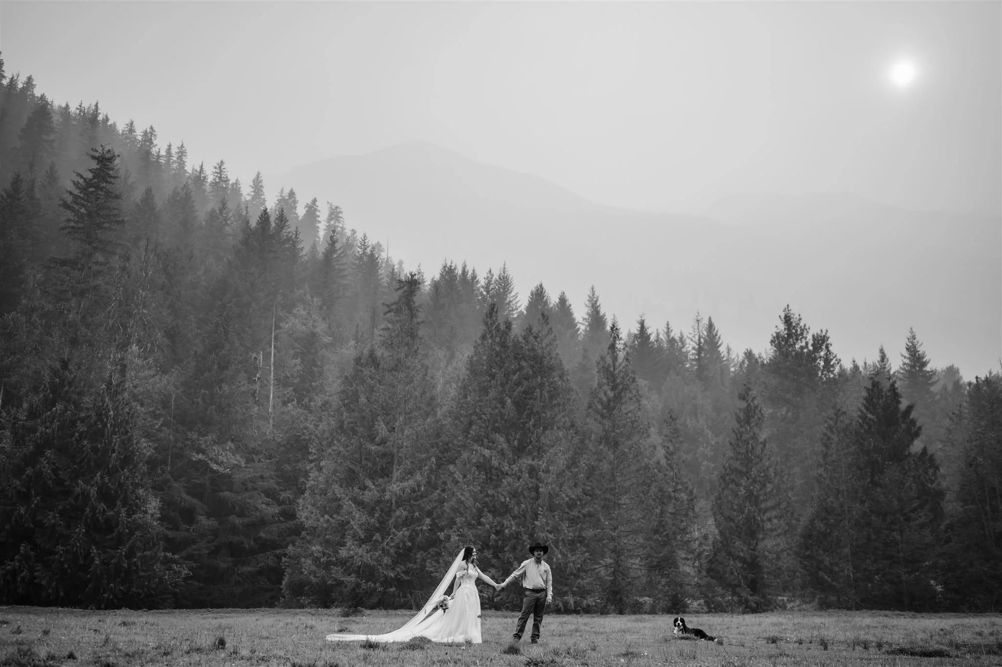 Bride & Groom with smoky skies in Pemberton Meadows