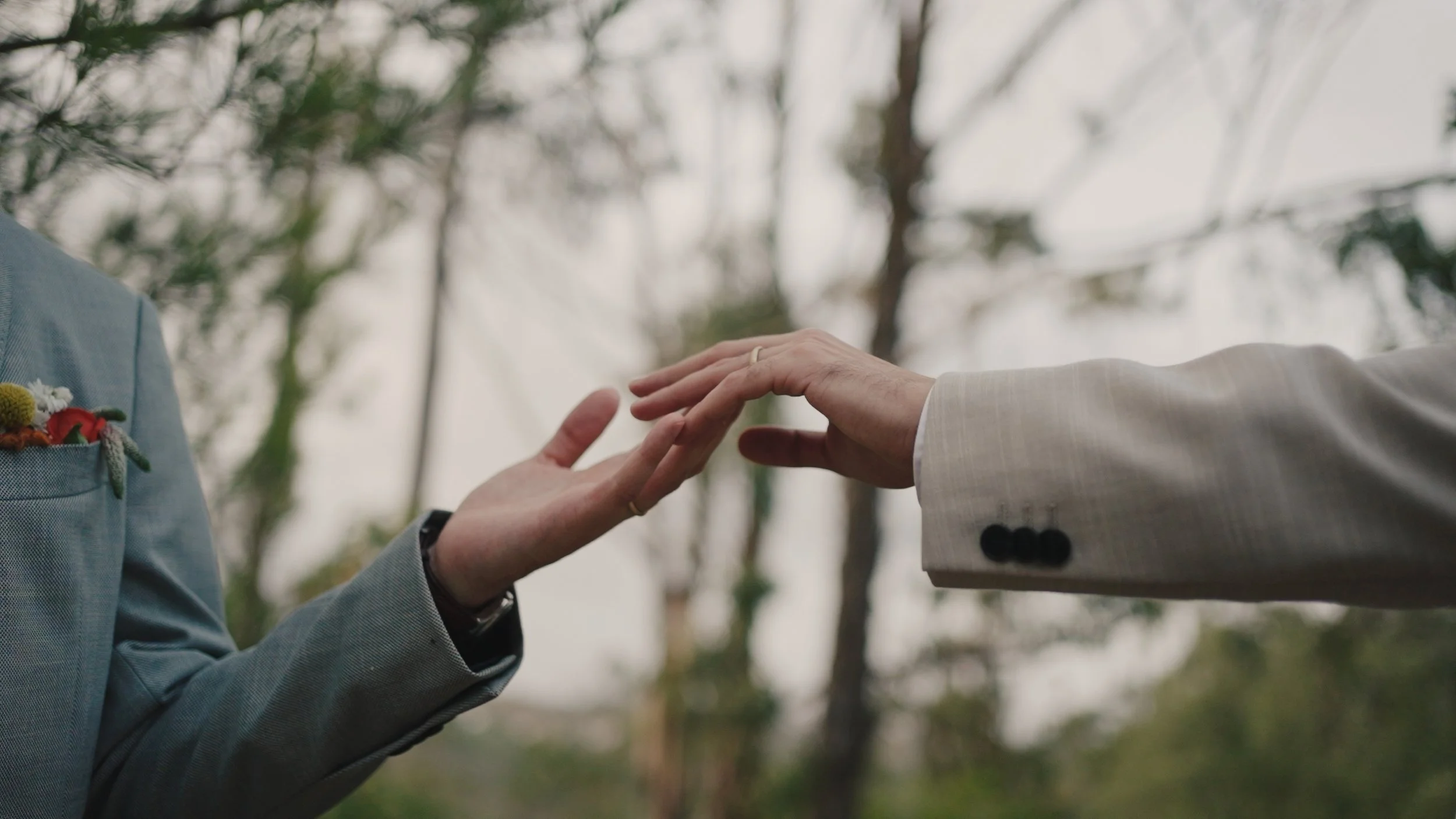 Close-up of two people holding hands during a wedding ceremony outdoors, with trees in the background.