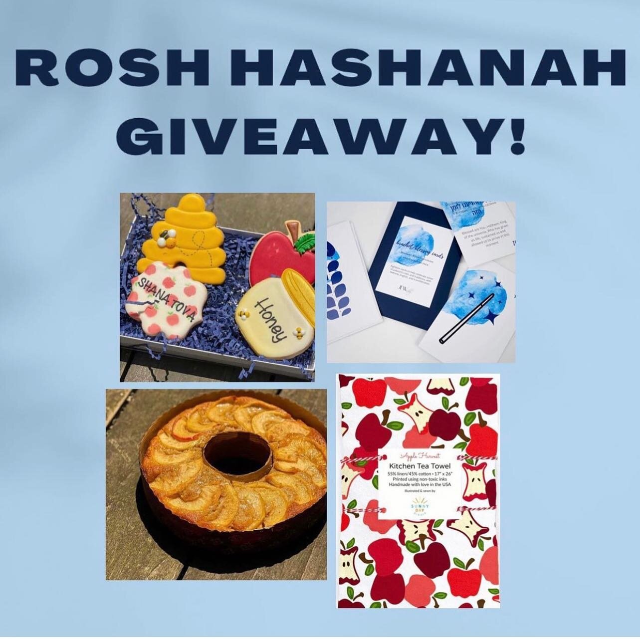 A Rosh Hashanah Giveaway! 

We are giving away gifts valued at over $100 - one lucky winner will receive one of our delicious apple cakes and four beautiful Rosh Hashanah decorated sugar cookies and from our friends
@livingjewishly, an gorgeous Apple