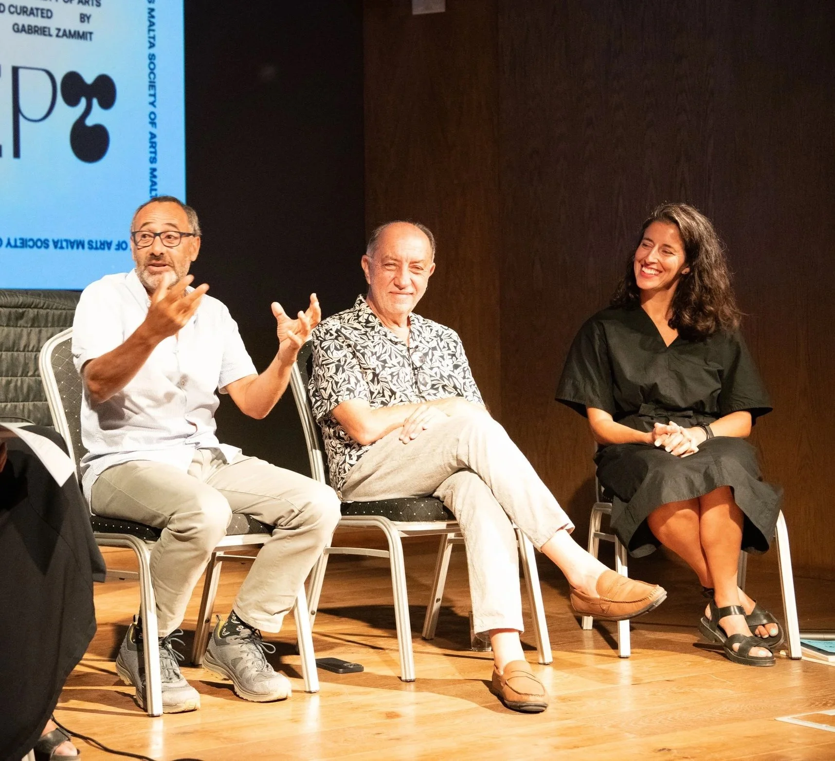 Panel discussion at the Malta Society of Arts: Divergent Perspectives. Nina Gerada, Anna Calleja, Vince Briffa and Clive Zammit in conversation.