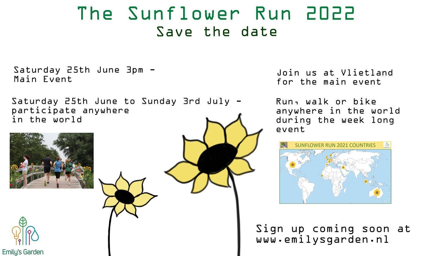 Save the date- Sunflower Run 2022 -25th June 3pm at Vlietland , Voorschoten.  Or 25th June -3rd July participate wherever you are in the world.  To find out more about the projects that we support go to www.emilysgarden.nl