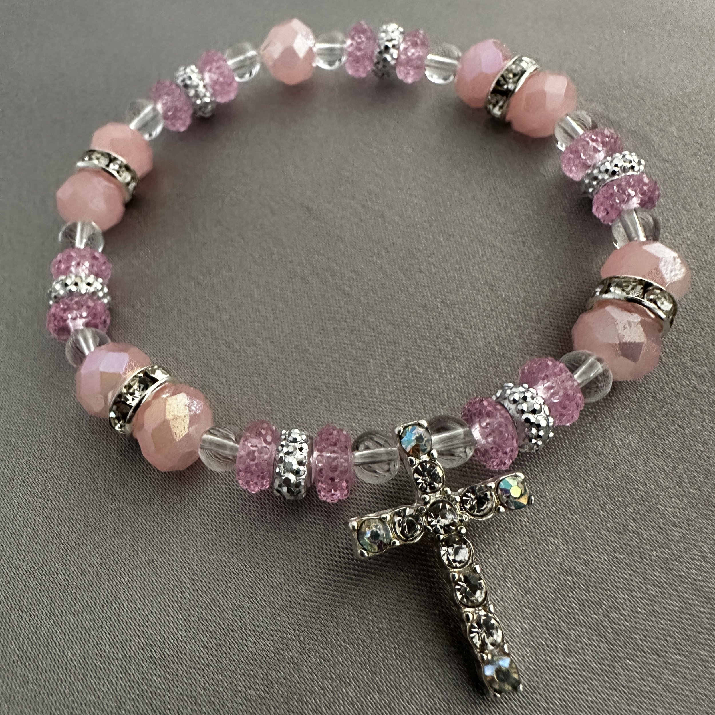 Pink, Silver and Clear Beaded Bracelet W/Rhinestone Cross Charm